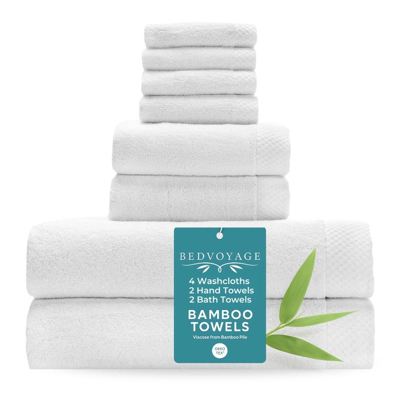 BedVoyage Luxury Bath Towels Set of 8 - Ultra Soft Plush Bathroom Towel Set - Highly Absorbent Viscose from Bamboo Bath Towels Ultra Soft - Spa Towel for Body - White - Image 1